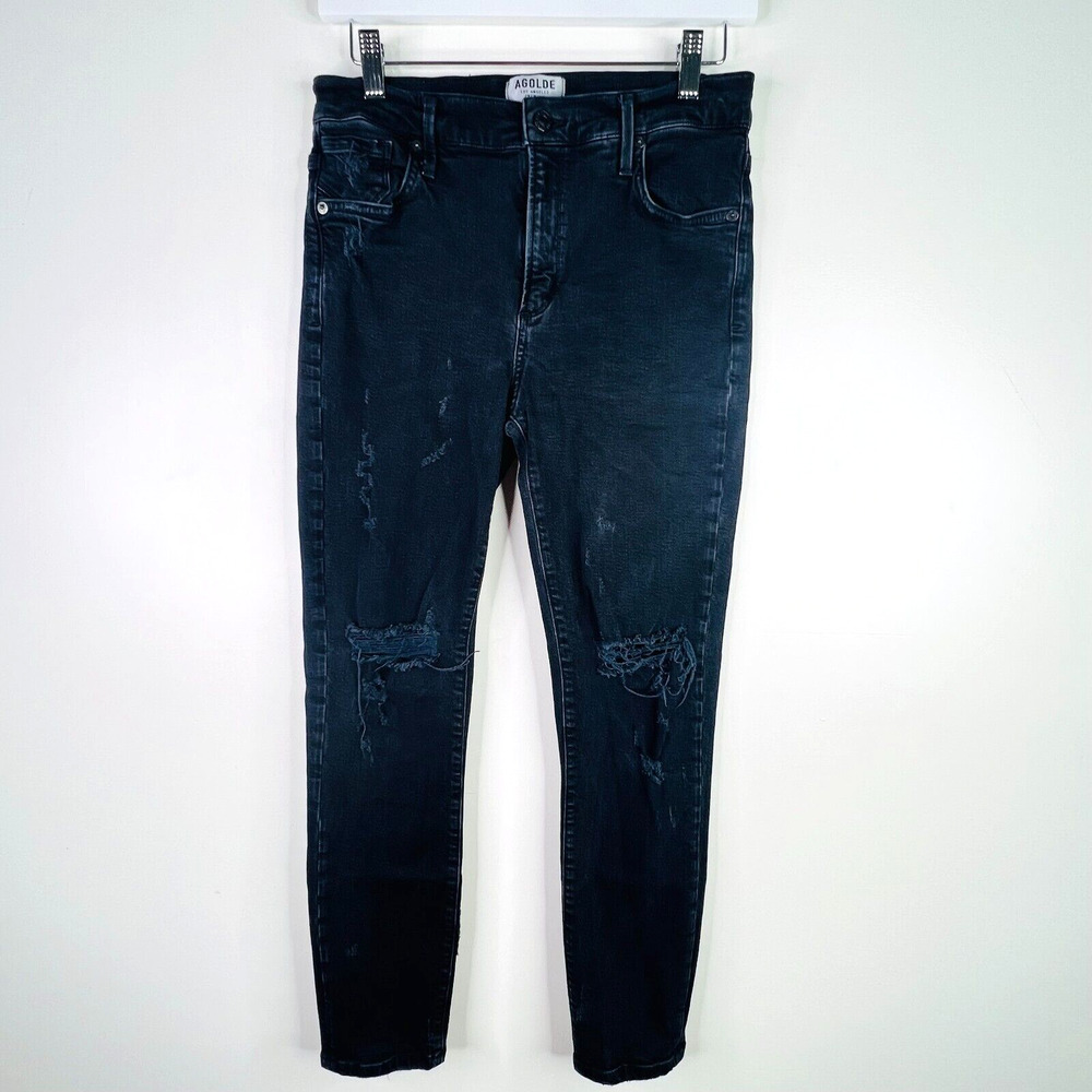 AGOLDE Sophie High Rise Skinny Crop Black Distressed Size 28